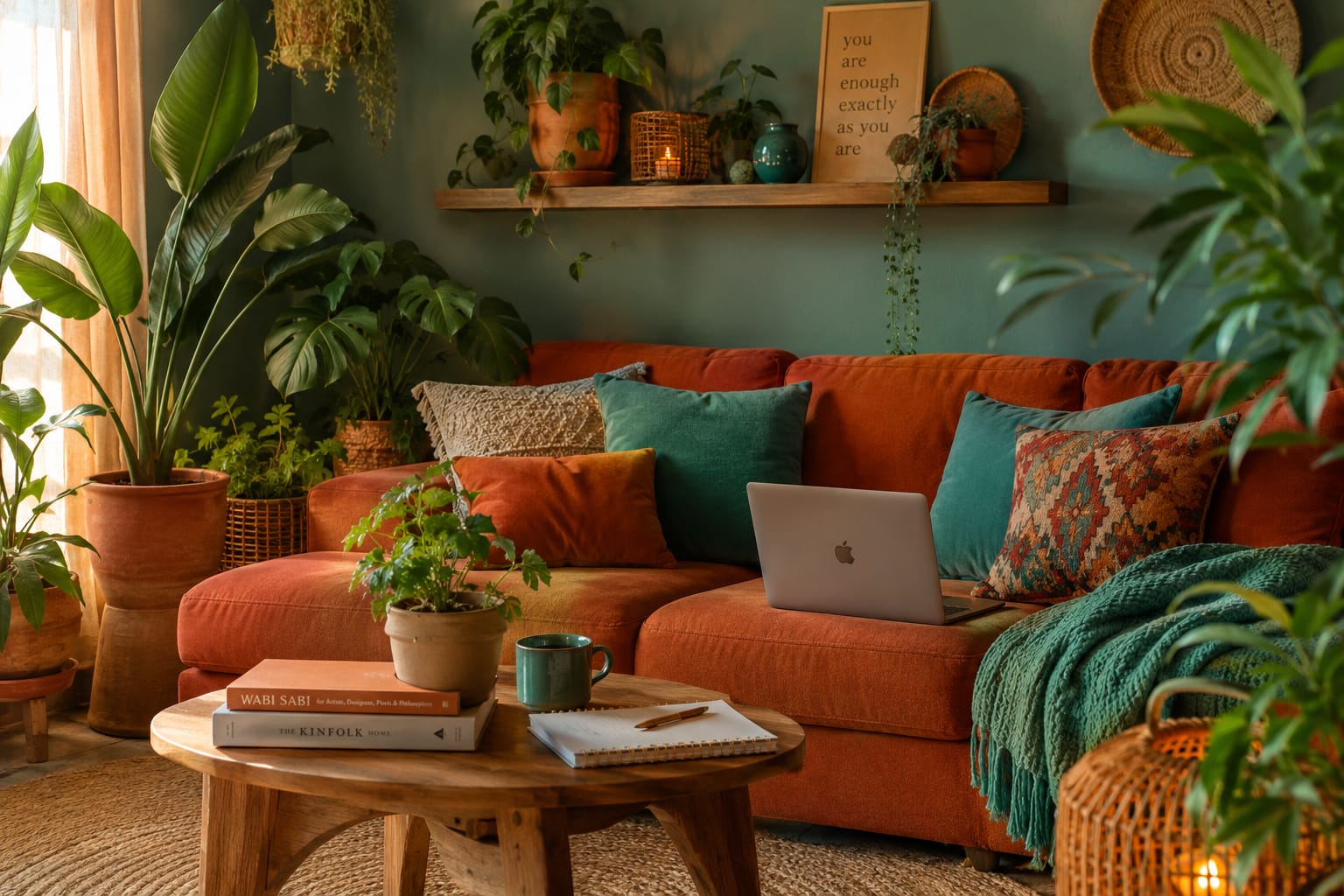 A warm, plant-filled living room with a terracotta sofa and a framed message reading 'you are enough exactly as you are'